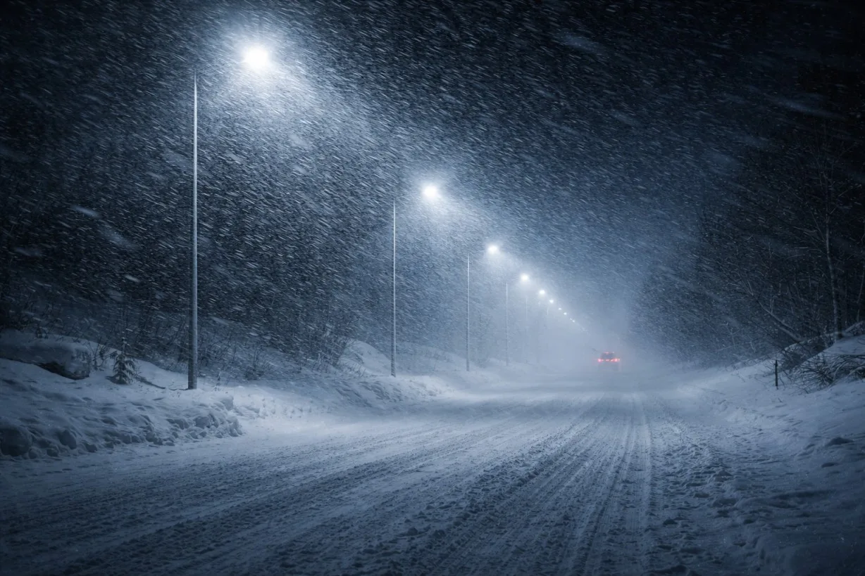 Snöstorm i nattmiljö