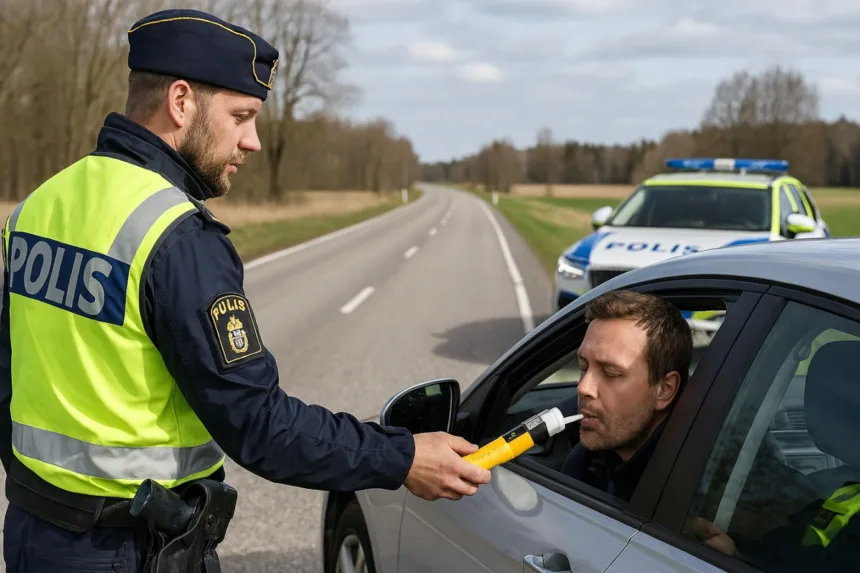 Poliskontroll där bilister blåser i alkotest