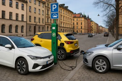 Elbilar och laddhybrider parkerade vid en laddstation